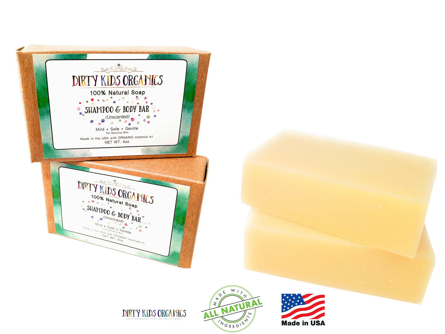 2 Pack Baby & Kid Shampoo & Body Wash Bar Soap 4 Oz Long Lasting Bars | Natural & Organic Formula For Head, Face, Body & Hair |