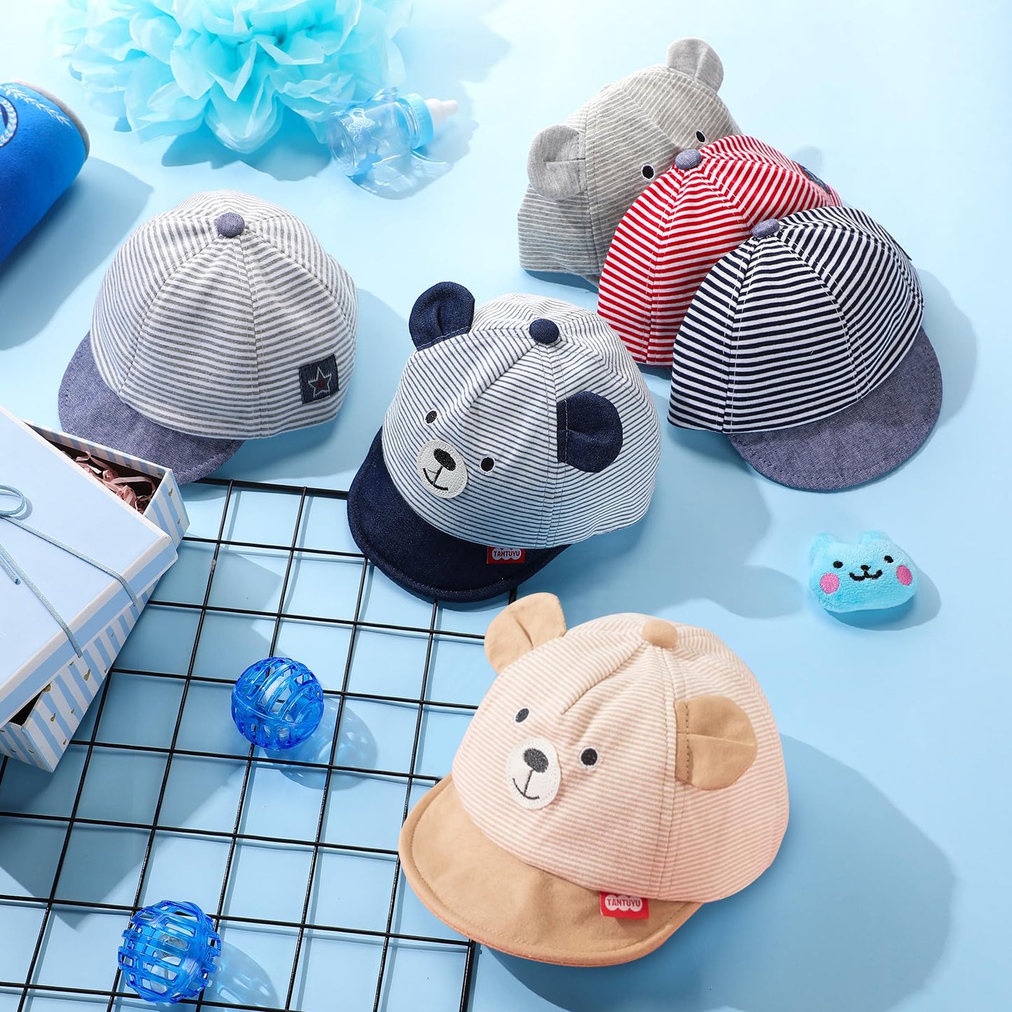 Zhanmai 6 Pieces Baseball Cap Adjustable Striped Bear Sunhat Baseball Hats Soft Cotton Hat Cute Lovely