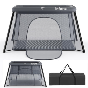 INFANS Travel Crib, Portable Baby Playpen with Removable Bassinet Soft Mattress Carry Bag, Foldable Lightweight Playard Nursery 