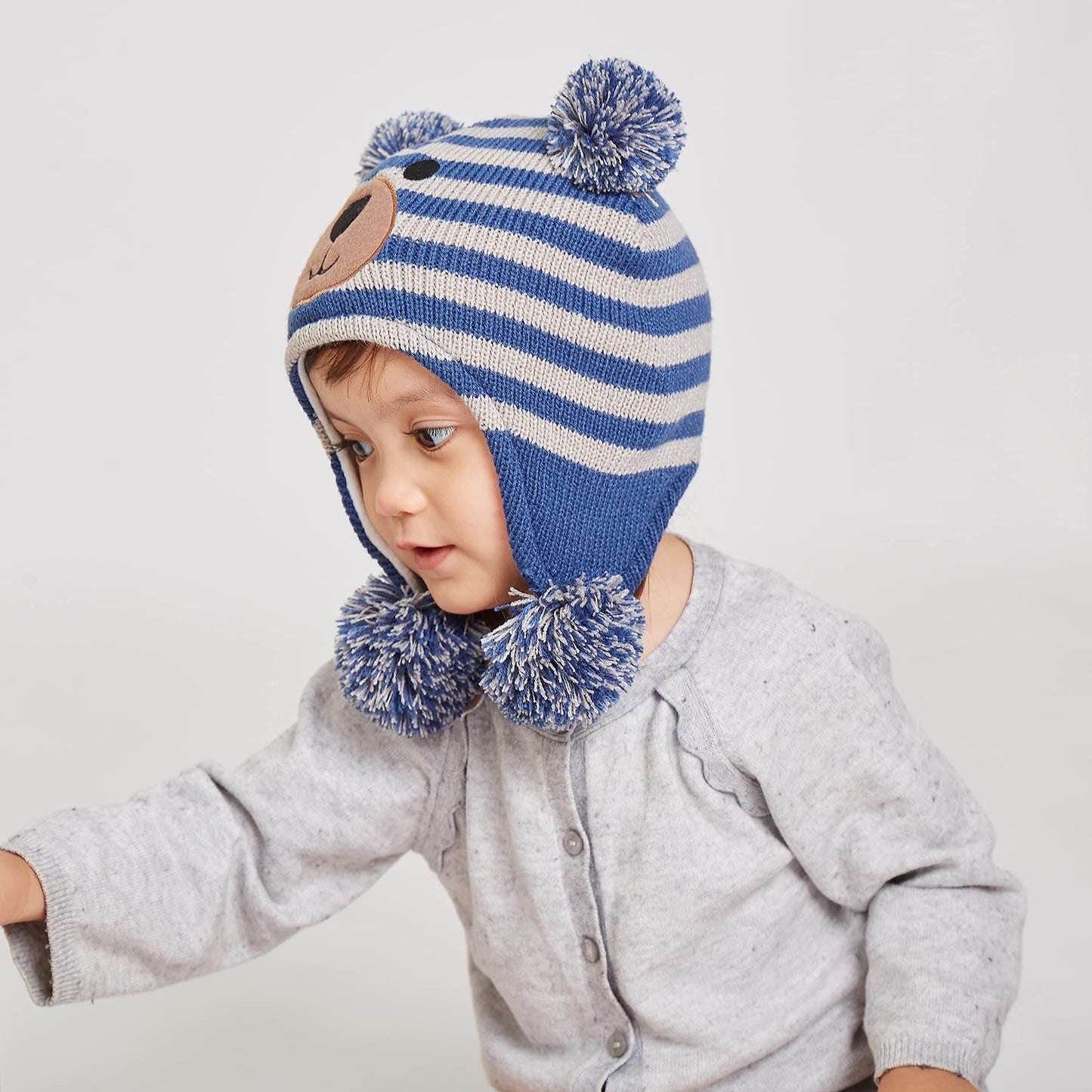 Langzhen Toddler Kids Infant Winter Hat,Earflap Knit Warm Cap Fleece Lined Beanie For Baby Boys Girls (Bear-Blue+Grey 6-12 Month