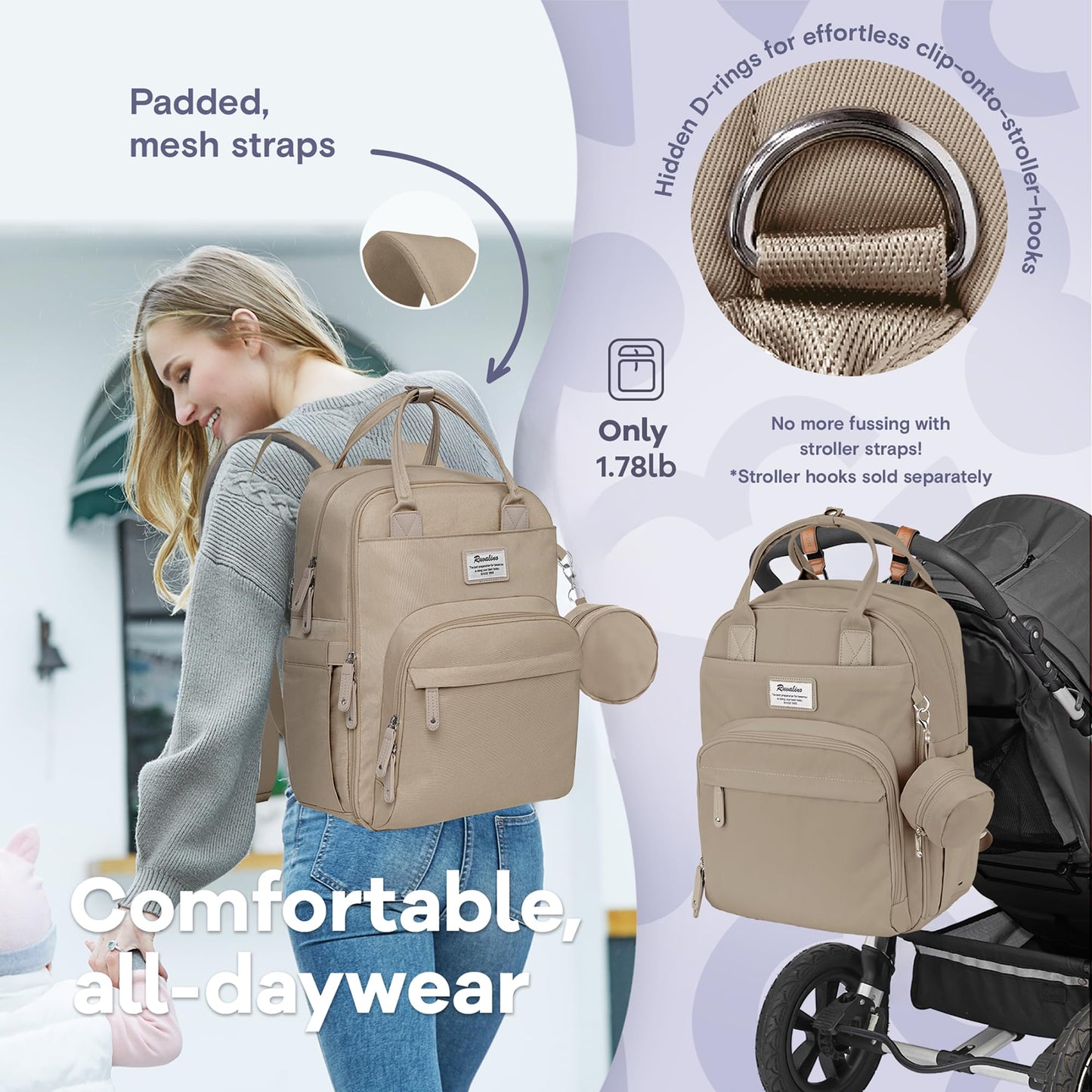 Ruvalino Diaper Bag Backpack, Multifunction Travel Pack Maternity Baby Changing Bags, Large Capacity, Waterproof, Clay