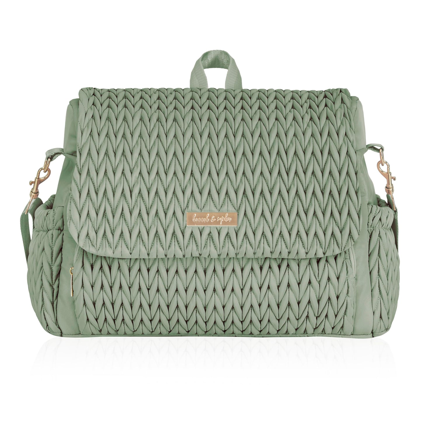 Hannah & Sophia Belle Convertible Baby Diaper Backpack & Bag In Sage Green, Large Size, Dual Sided Water Resistant Changing Mat