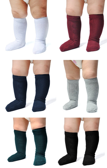 Epeius Unisex-Baby 6 Pair Pack Seamless Cable Knit Knee High Socks Infant Boys/Girls Uniform Stockings For 3-6 Months