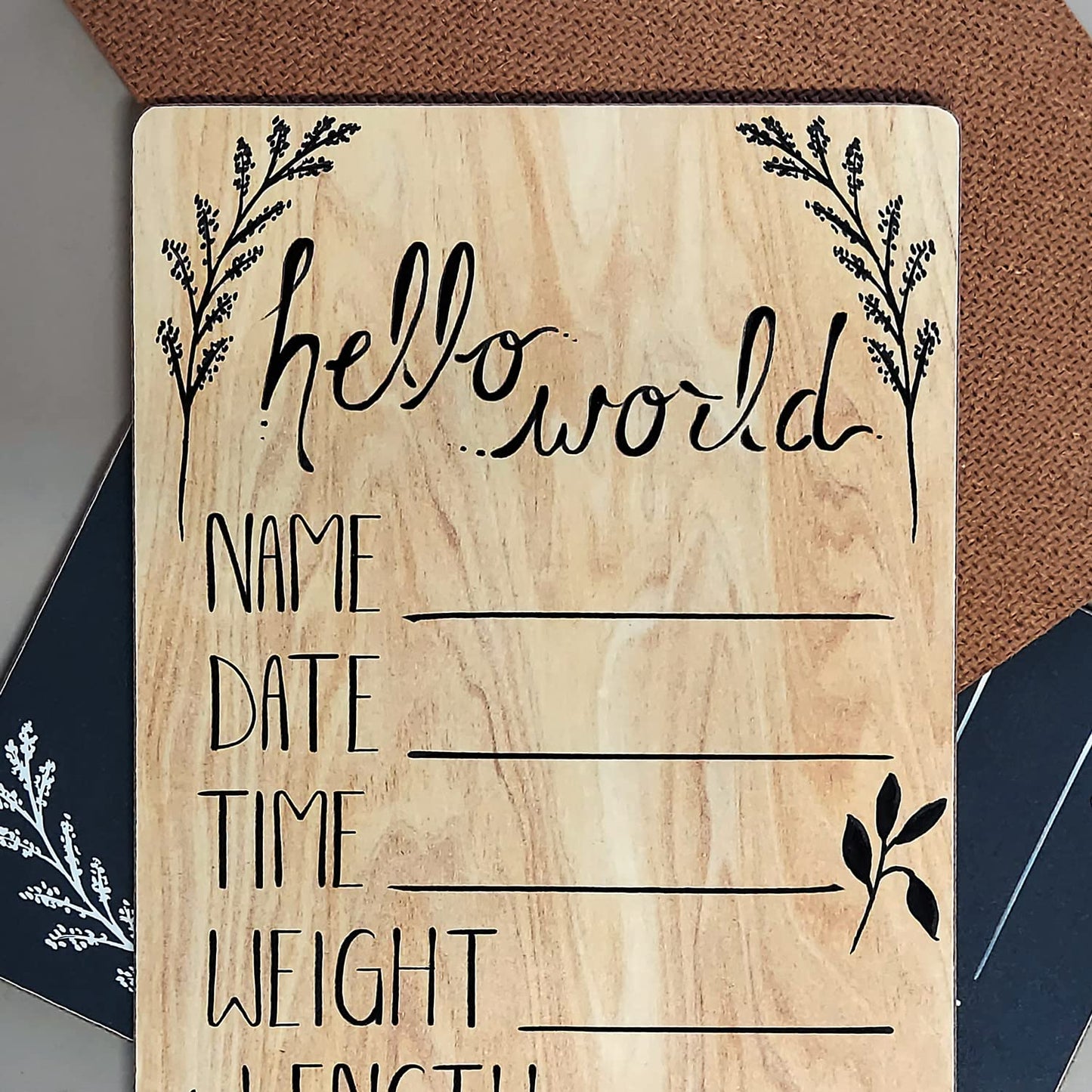 Cohas Hello World Newborn Baby Announcement Printed Wood Sign With Monster Theme, 9 By 12 Inches, Black Marker