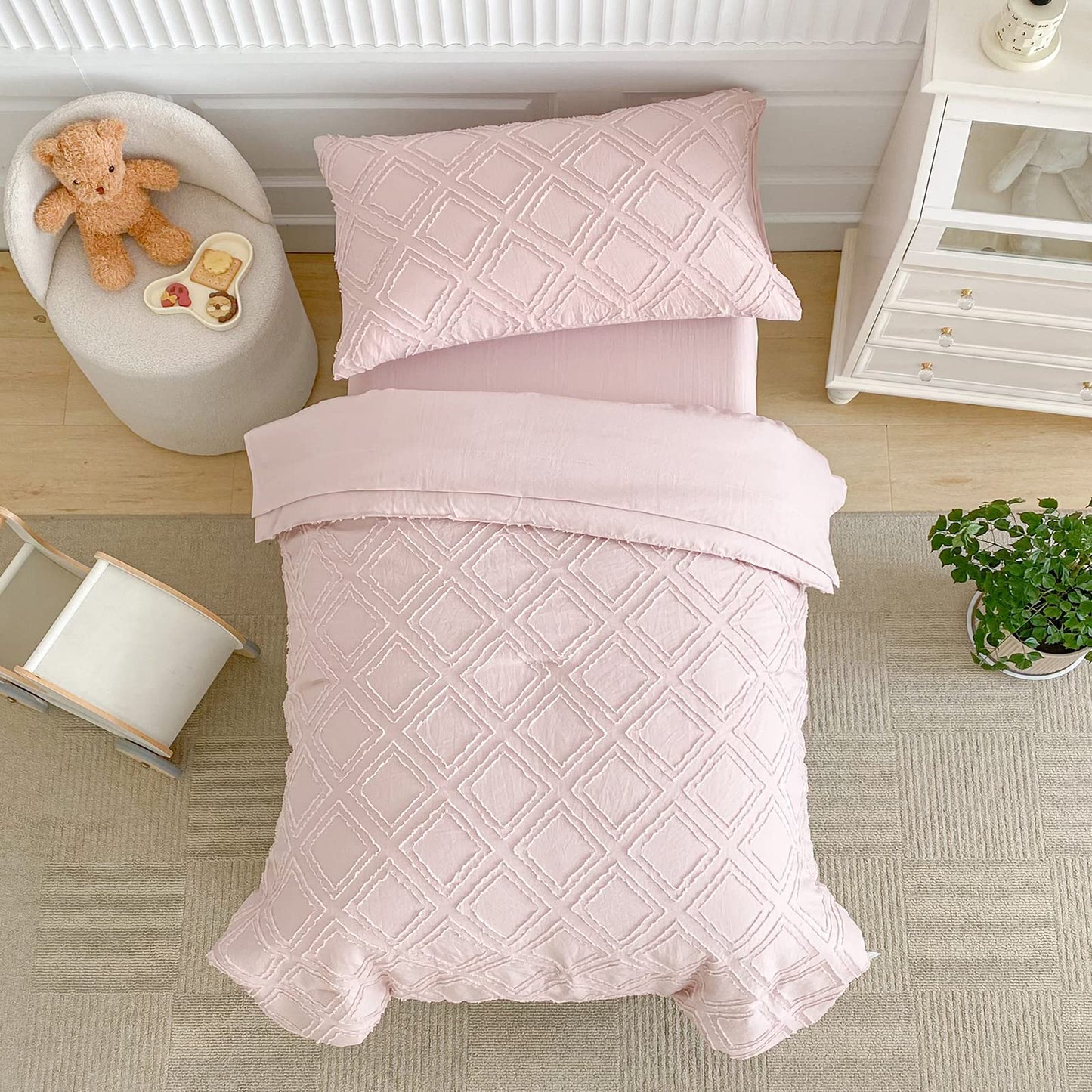 4 Pieces Tufted Toddler Bedding Set Light Pink Jacquard Tufts, Soft And Embroidery Shabby Chic Boho Bohemian Design For Baby Gir
