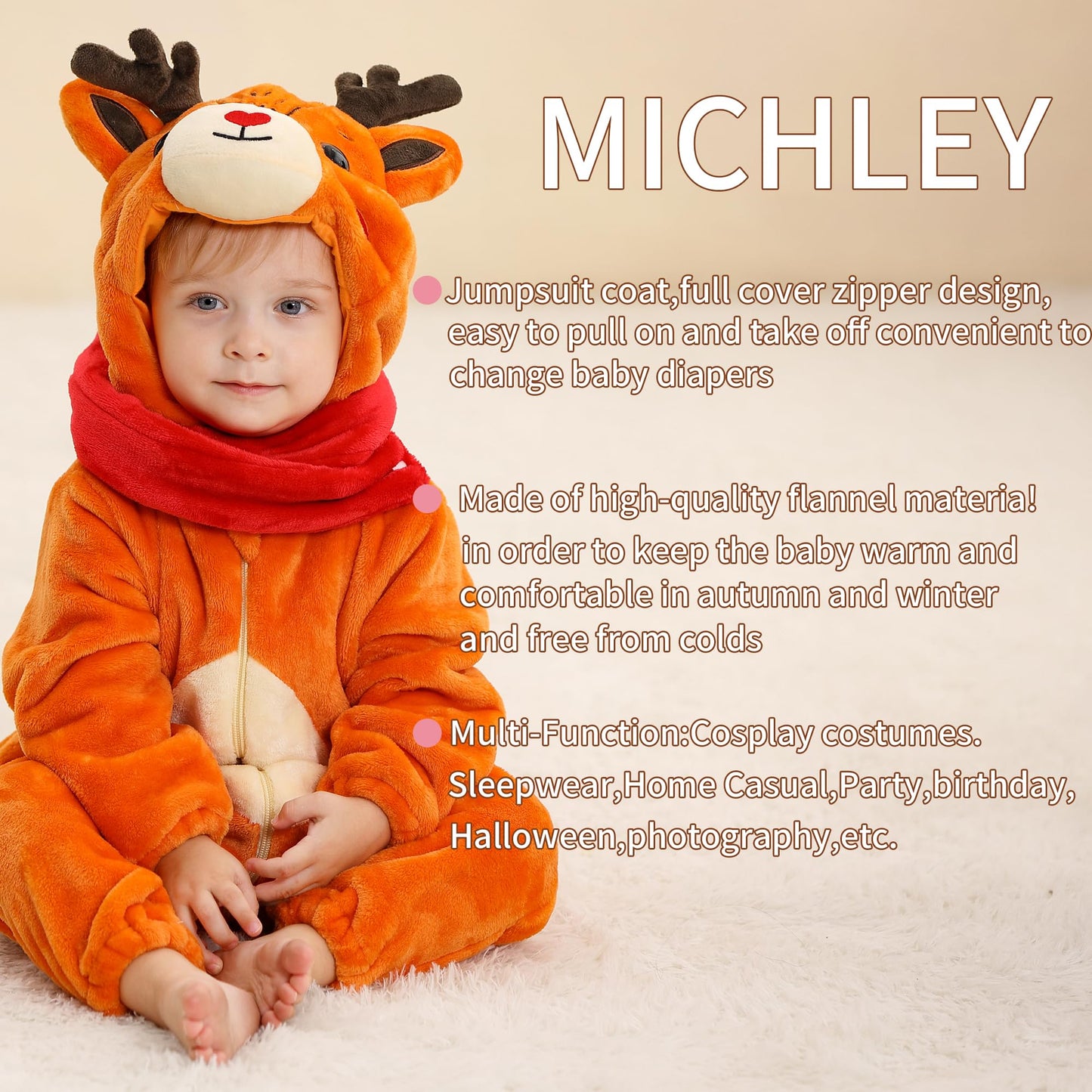 Michley Baby Gilrs Boys Romper With Hood Soft Flannel Halloween Animal Onesie Outfit 13-18 Months, Deer, Size 90