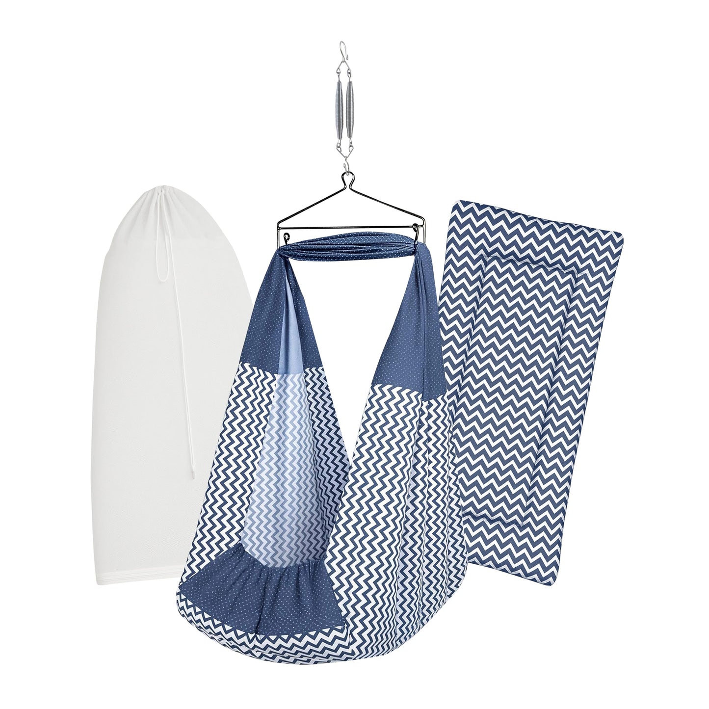 Beetot Baby Set | Pure Cotton Cloth, Removable Pad, Mosquito Net, Spring, And Triangle Hanger | Pre-Navy Stripe