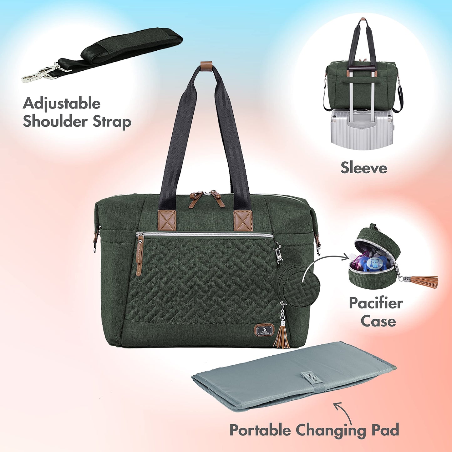 Dikaslon Diaper Bag Tote, Large Travel diaper tote for Mom and Dad, Multifunction baby tote bag for Boys and Girls with Pacifier