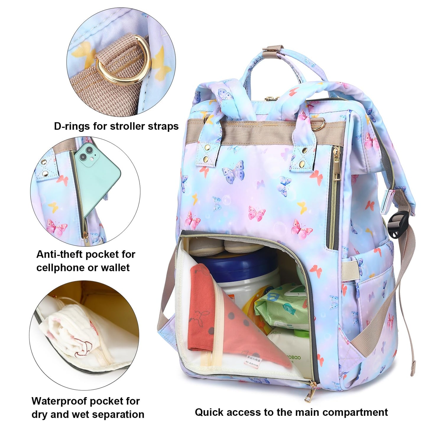 Butterfly Baby Diaper Bag Backpack For Girls Boys, Waterproof Large Maternity Nappy Bags For Mom