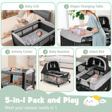 Honey Joy Pack And Play, 5 In 1 Portable Infant Playpen With Bassinet & Changing Table, Storage Bag, Music Box, Toys, Carry Bag,