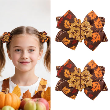 Doneace Fall Thanksgiving Hair Bow Clips Maple Leaf Glitter Bow Hair Barrette Brown Sequins Grosgrain Bow Hairpins for Girls Tod