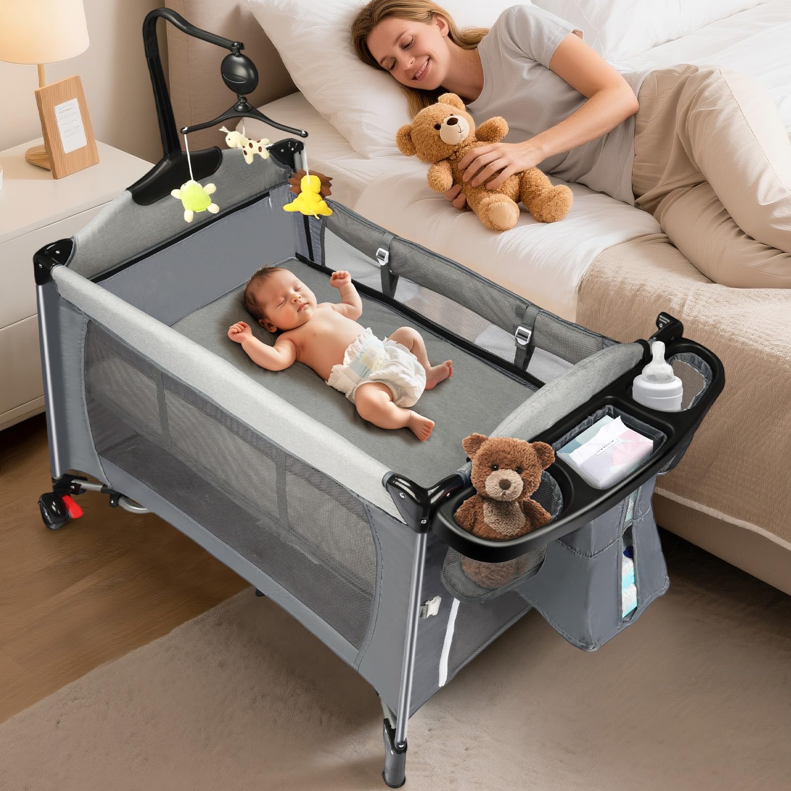 5 in 1 Pack and Play Baby Bassinet, Bedside Crib Sleeper, Portable Baby Crib with Diaper Changer, Storage Rack& Music Box Toy Ba