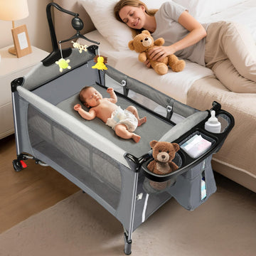 5 in 1 Pack and Play Baby Bassinet, Bedside Crib Sleeper, Portable Baby Crib with Diaper Changer, Storage Rack& Music Box Toy Ba