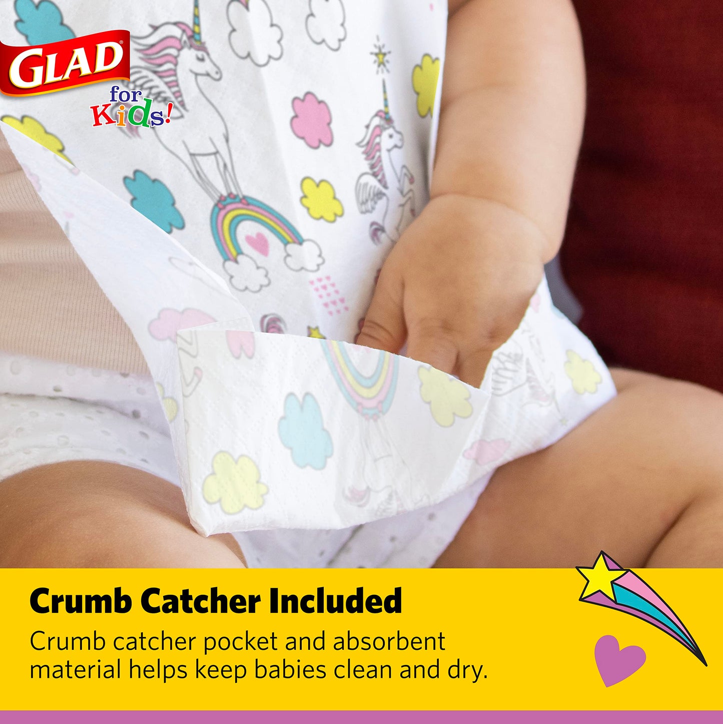 Glad For Kids Unicorn Paper Disposable Bibs With Crumb Catcher For Feeding - Absorbent And Leakproof Eating And Travel Must Have