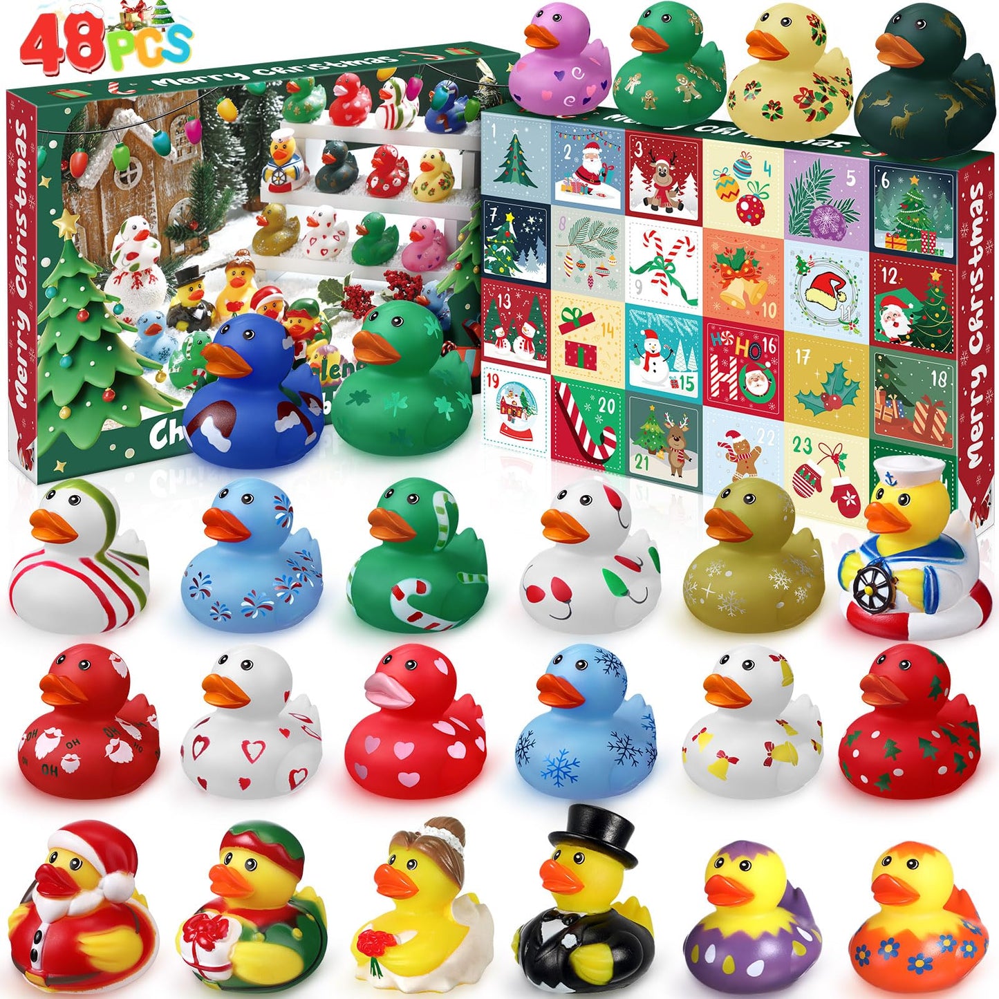Jerify 2 Sets 2025 Christmas Rubber Duck Advent Calendar, 24 Days of Christmas Countdown Blind Toys Xmas Ducks for Kids Toddlers