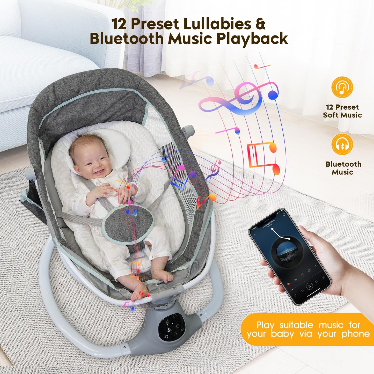 Electric Baby Swing For Infants To Toddler, Portable Swing Baby Rocker With 5 Point Harness, 5 Sway Speed, Bluetooth,12 Preset L