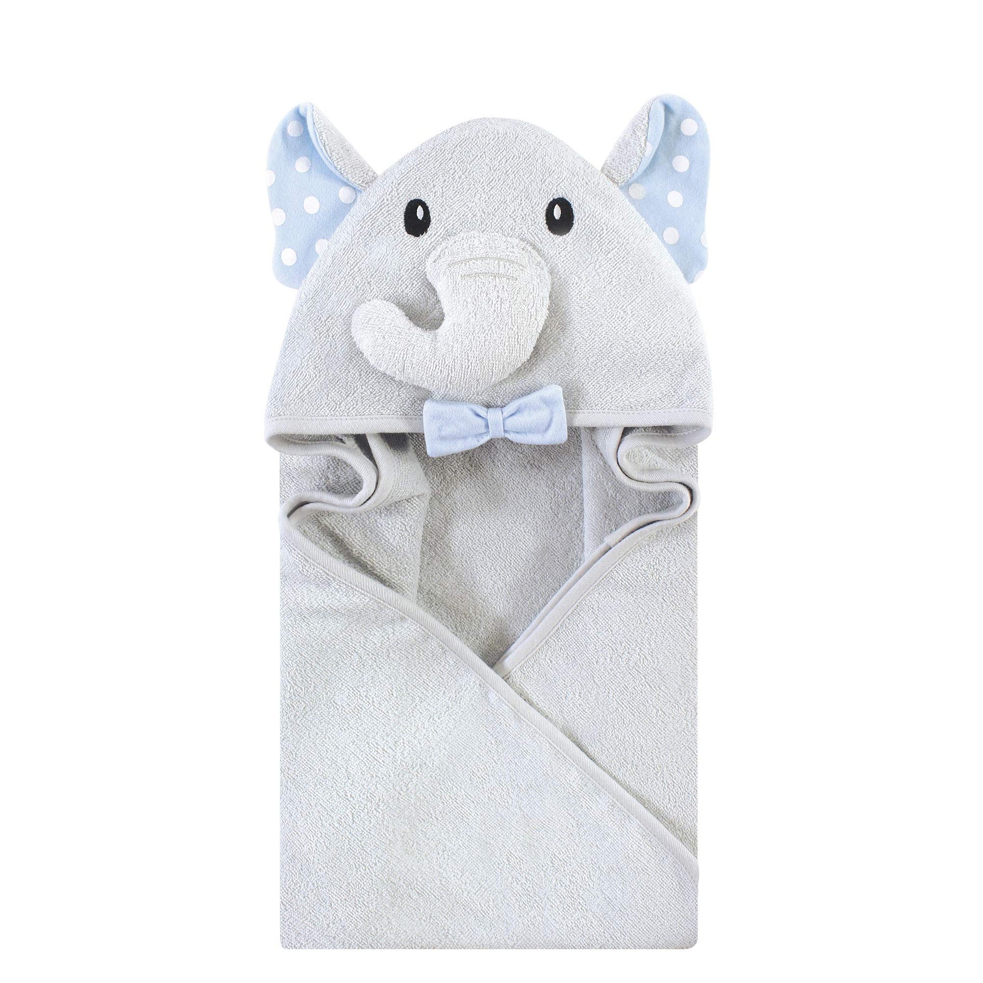 Hudson Baby Unisex Baby Cotton Animal Face Hooded Towel, White Dots Gray Elephant, One Size