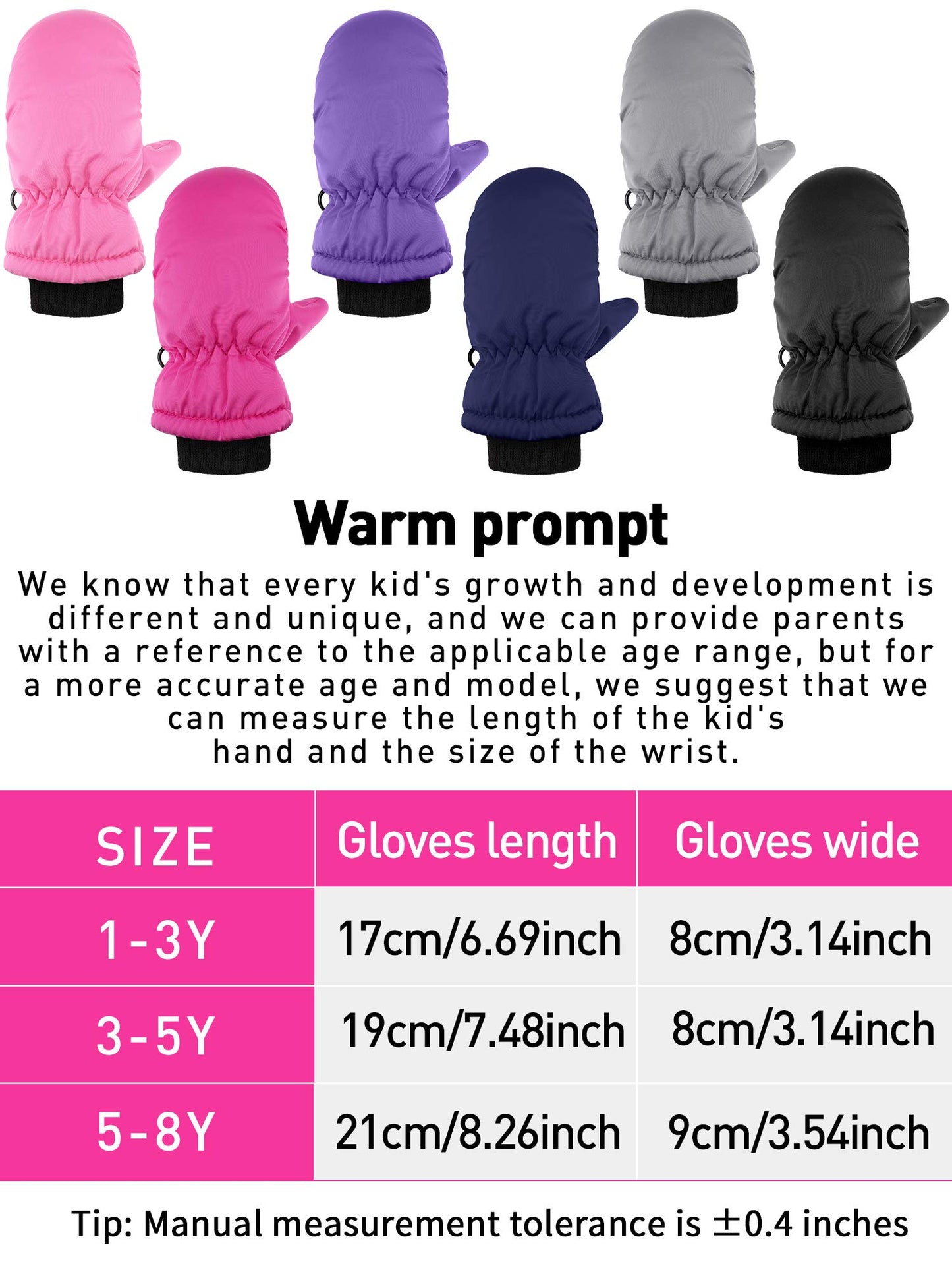 6 Pairs Waterproof Gloves Kids Winter Snow Mittens Windproof Ski Gloves For Weather Children Outdoor Activities (Solid Colors,1-