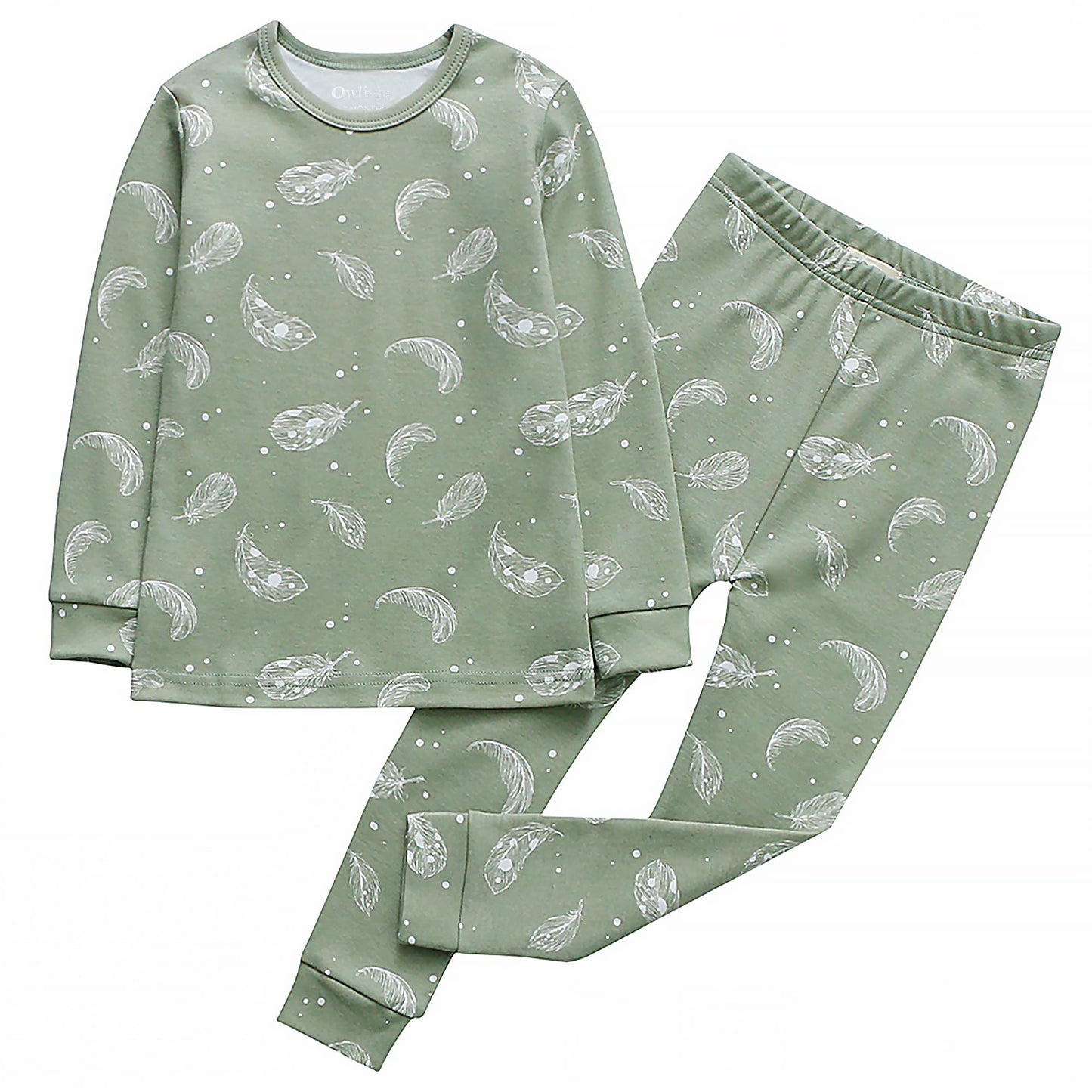 Owlivia 100% Organic Cotton Baby Long Sleeve Pajama Sets, Toddler Boy Girl 2-Piece Sleepwear(7 Years, Feather Green)