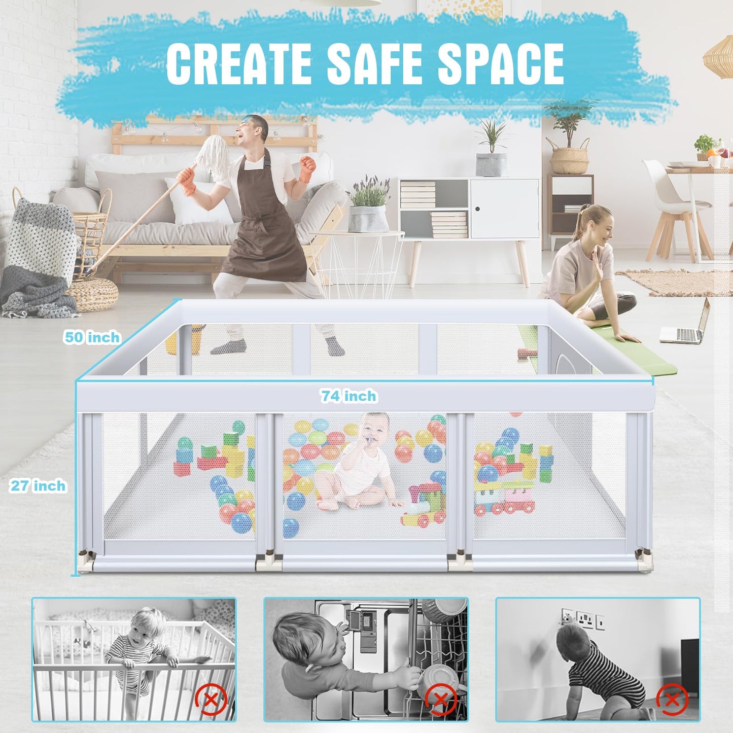 Baby Playpen 74 'X50 ' Play Pens For Babies And Toddlers, Large Play Yards For Indoor & Outdoor With Zipper Gates, Breathable