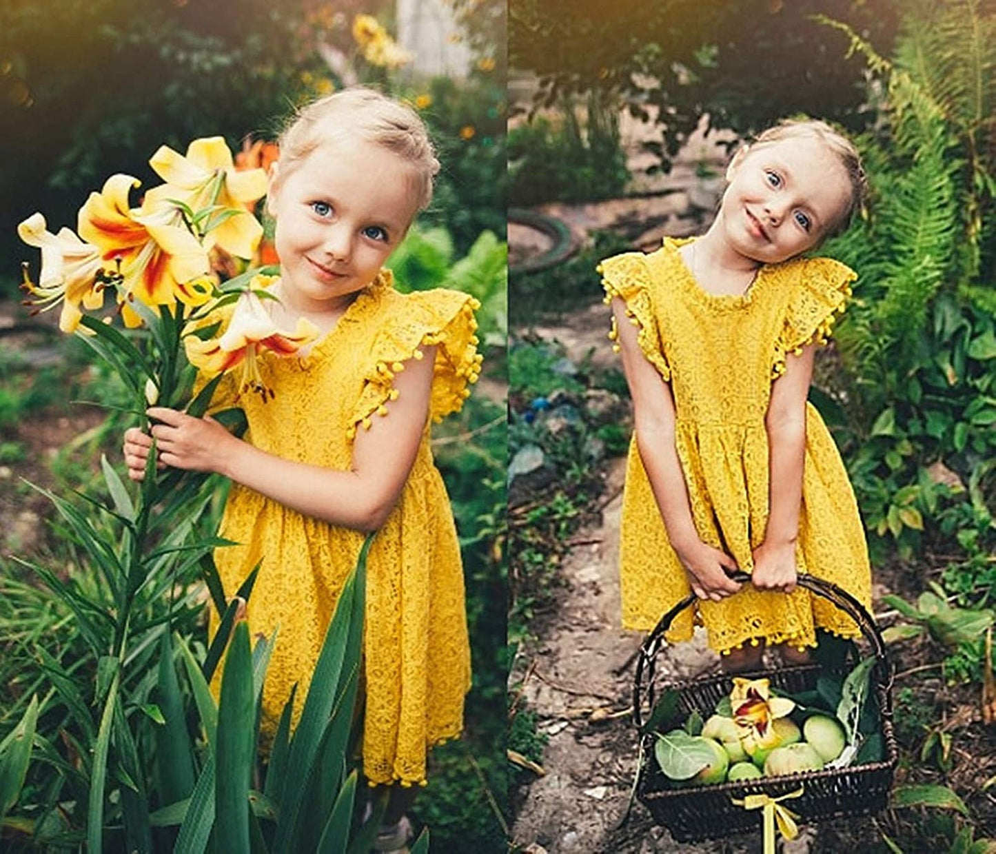 2Bunnies Girl Baby Toddler Vintage Lace Pom Pom Flutter Sleeve Easter Birthday Outfit Dress (Mustard, 3T)