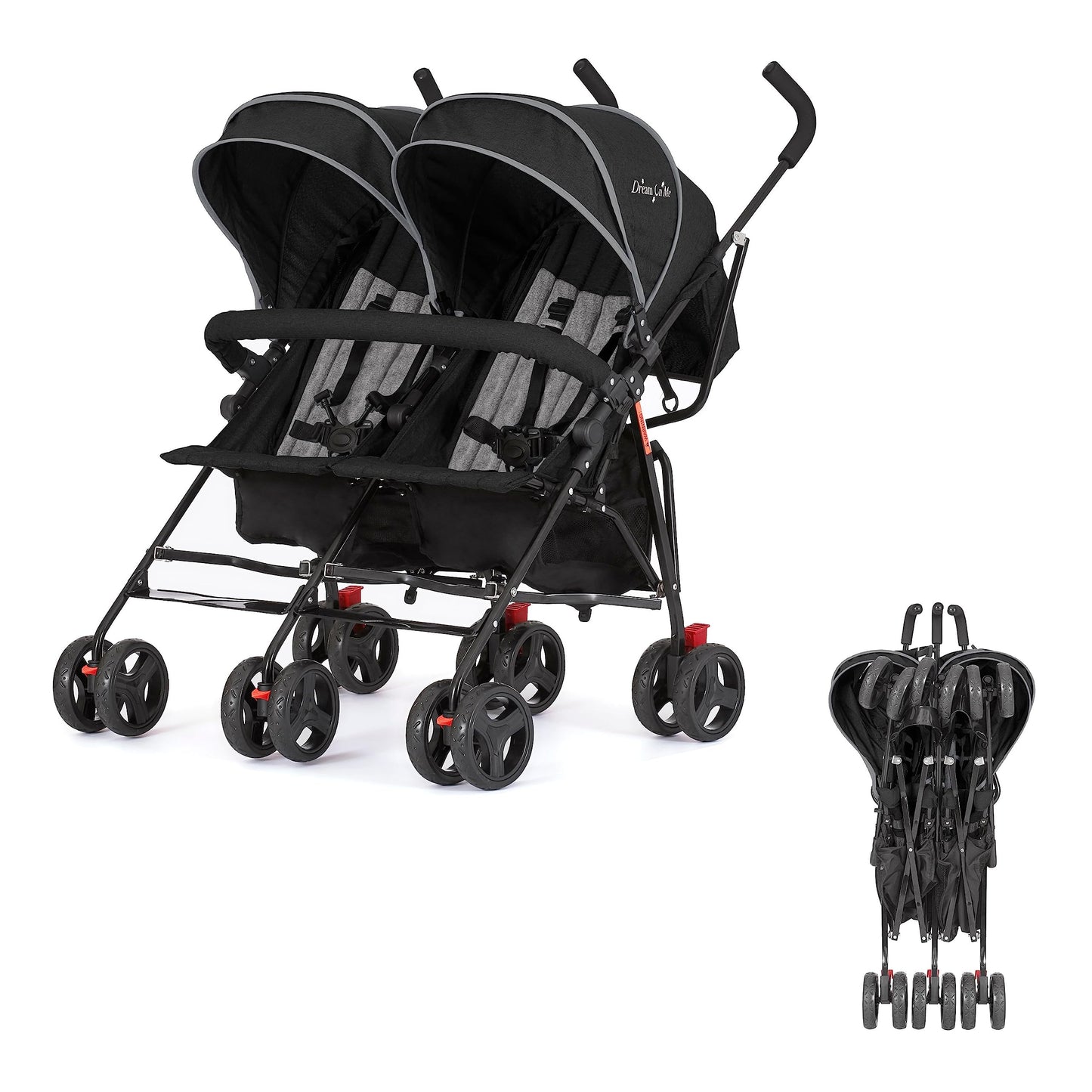 Dream On Me Volgo Twin Umbrella Stroller in Black, Lightweight Double Stroller for Infant & Toddler, Compact Easy Fold, Large St
