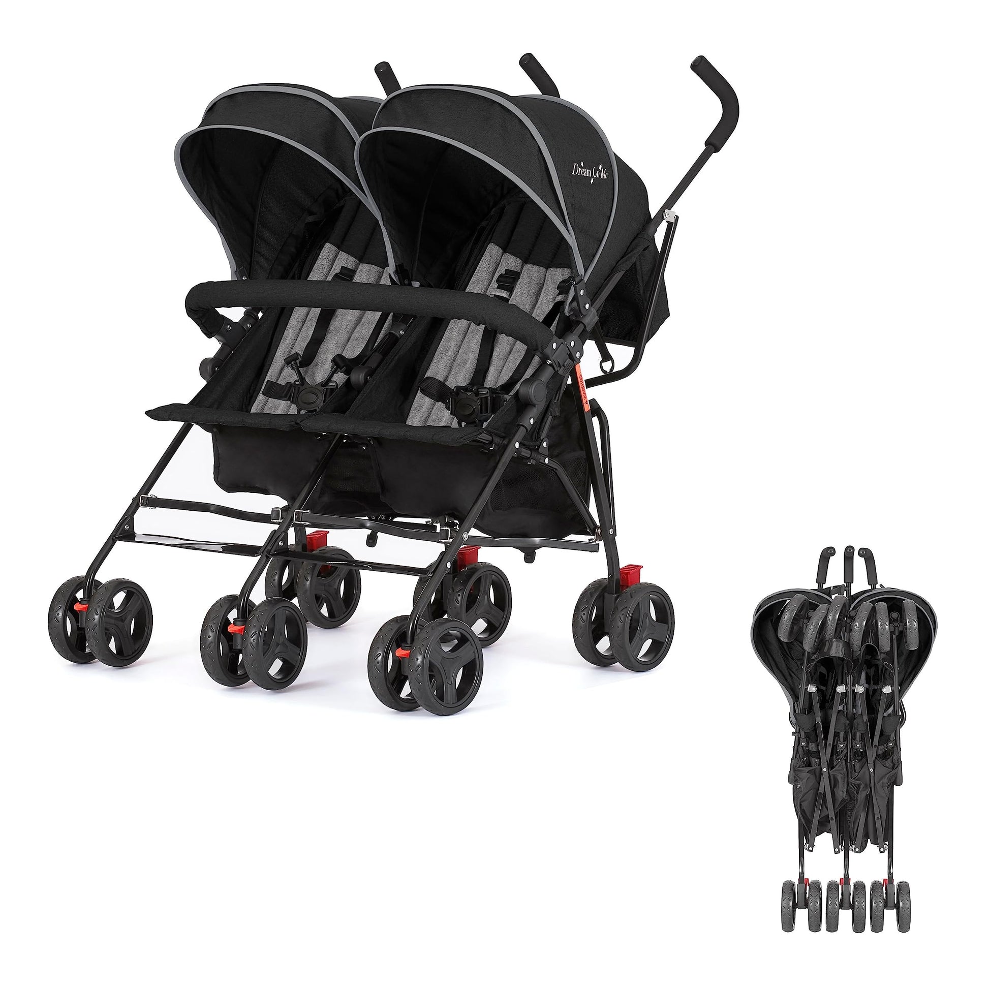 Dream On Me Volgo Twin Umbrella Stroller in Black, Lightweight Double Stroller for Infant & Toddler, Compact Easy Fold, Large St
