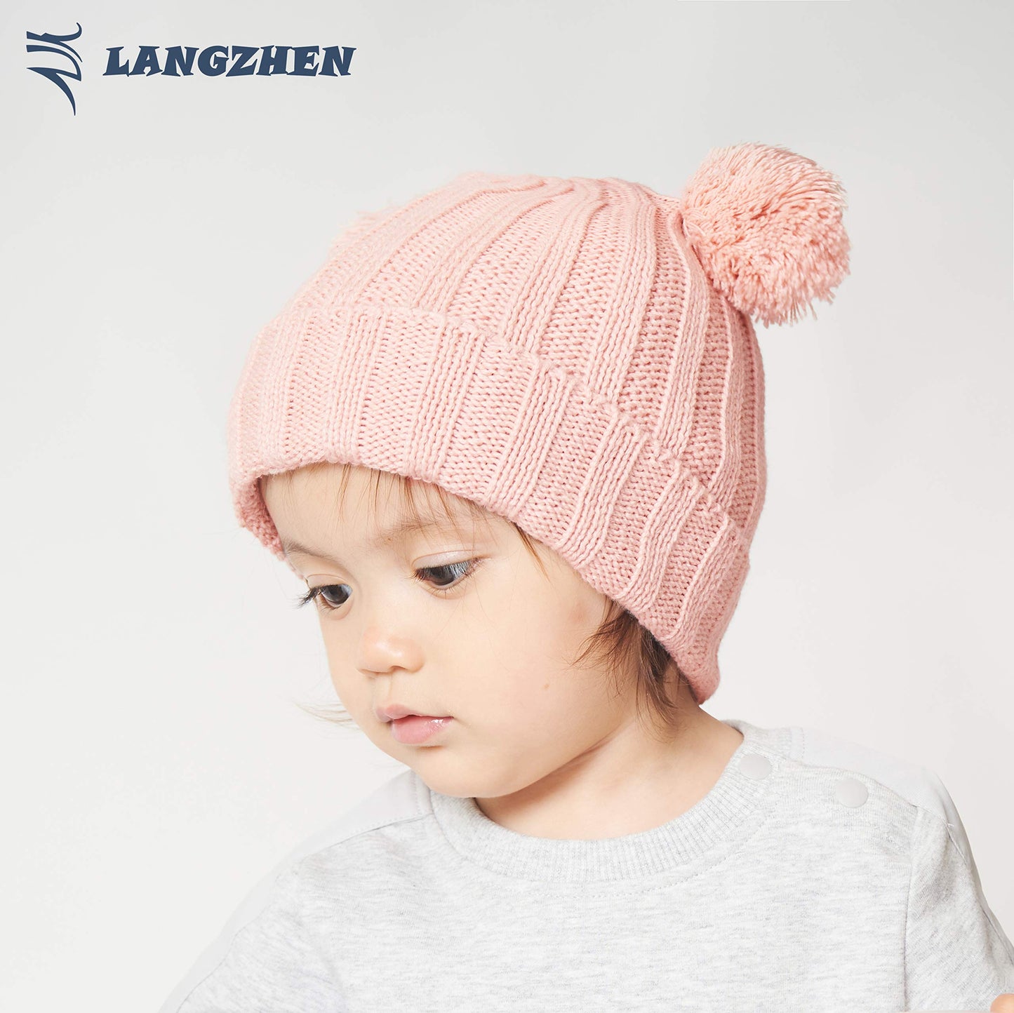 Langzhen Winter Warm Knitted Baby Hats For Girls Pom Pom Kid Toddler Boys Beanies Cap With Fleece Lining (Pink*,48-50Cm)