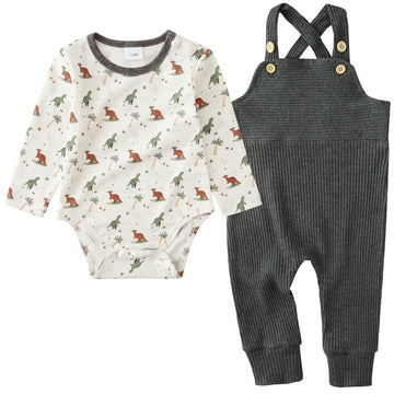 Yuemion Newborn Baby Boy Clothes, 2Pcs Infant Boy Romper Bodysuit Spring/Summer Dinosaur Outfits +Bib Overall Pants(18-24 Month)