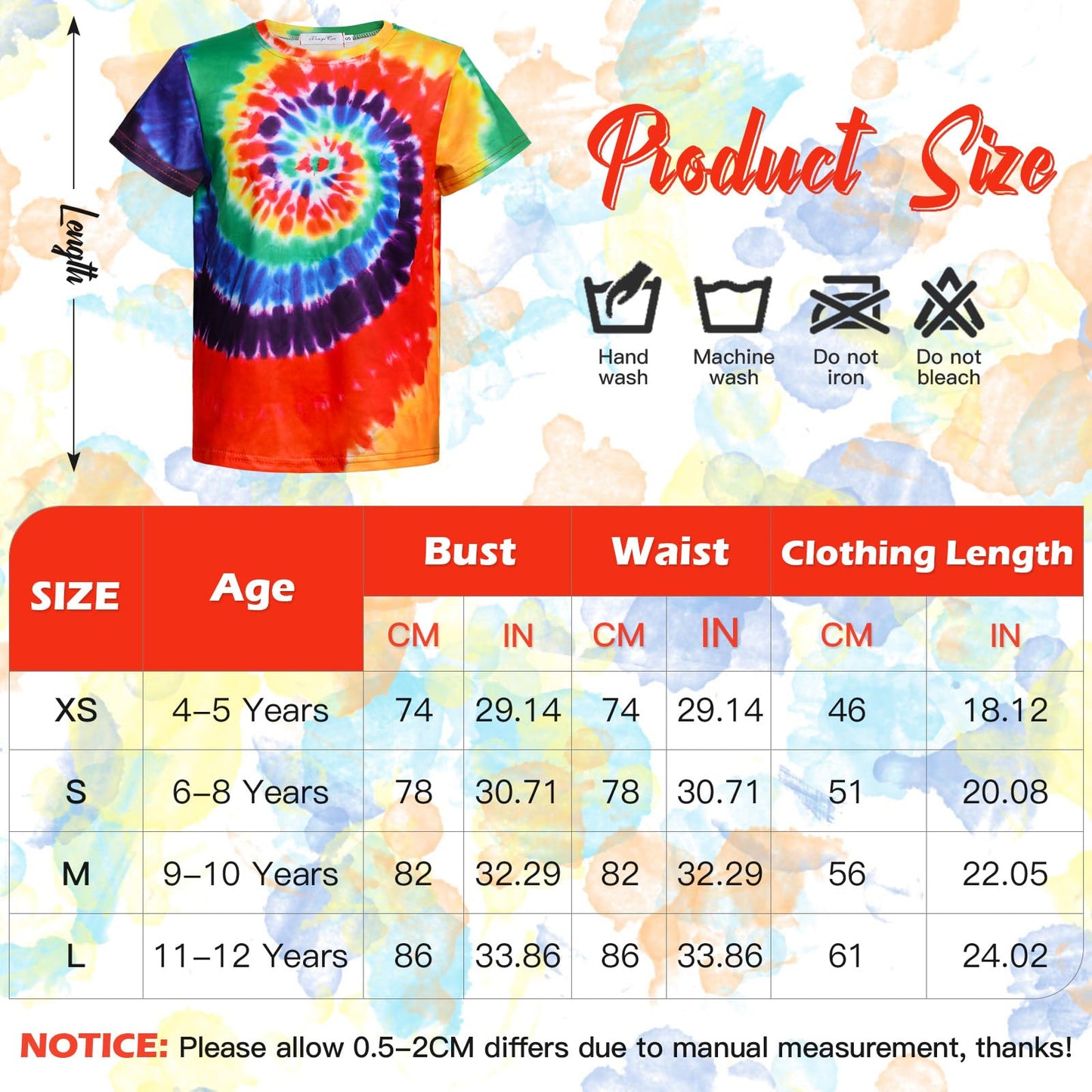 Xonyicos 4Pcs Hippie Costume For Kids Boys Girls 60S 70S Colorful Shirts Halloween Party Cosplay For 4-12Years (Rainbow Color, S