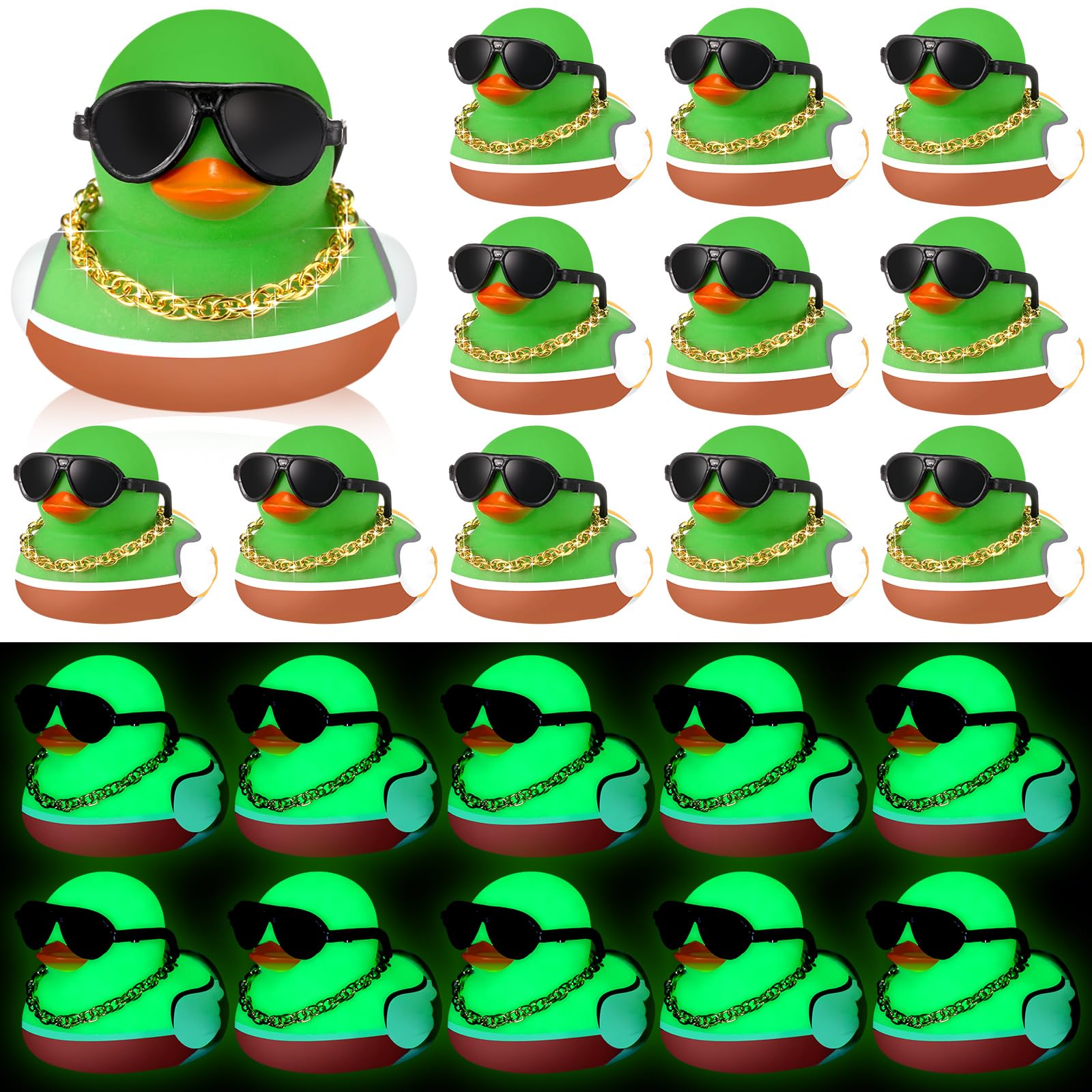 Lunmon 24 Pcs Mallard Rubber Duck Glow in The Dark Bulk with Sunglasses Necklace Set Mini Squeaky Rubber Ducks Toy Bath Floating