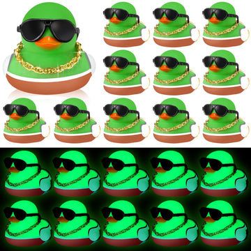 Lunmon 24 Pcs Mallard Rubber Duck Glow in The Dark Bulk with Sunglasses Necklace Set Mini Squeaky Rubber Ducks Toy Bath Floating