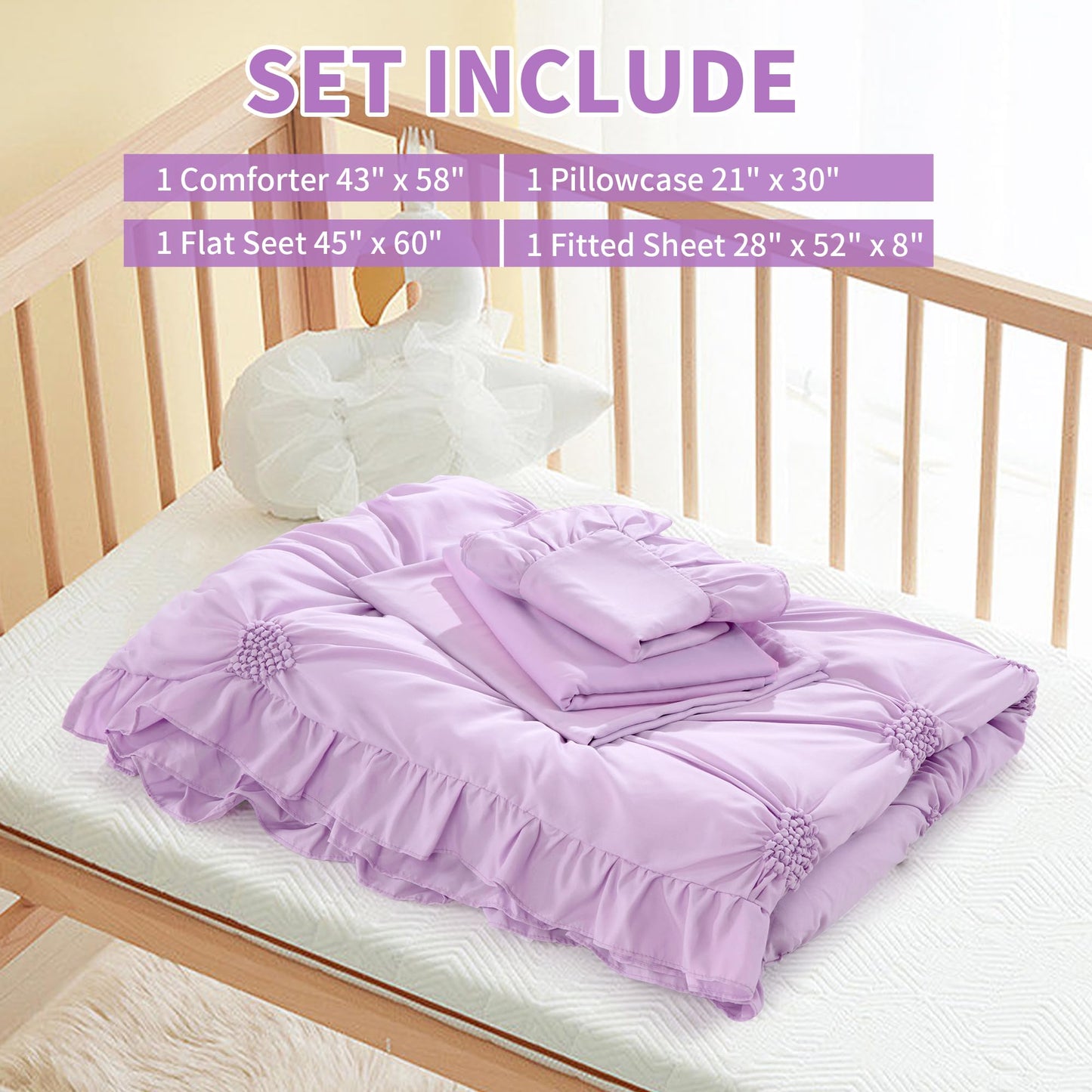 Hombys 4 Pieces Purple Princess Toddler Bedding Set For Girls Kids, Ultra Soft Pinch Pleat Comforter Set With Ruffles For All Se