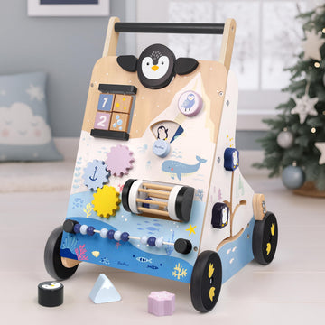 PairPear Wooden Baby Walker, Baby Push Walker Activity Center Toys,Montessori Walker Toy with Shape Sorter, Adjustable Speed Act