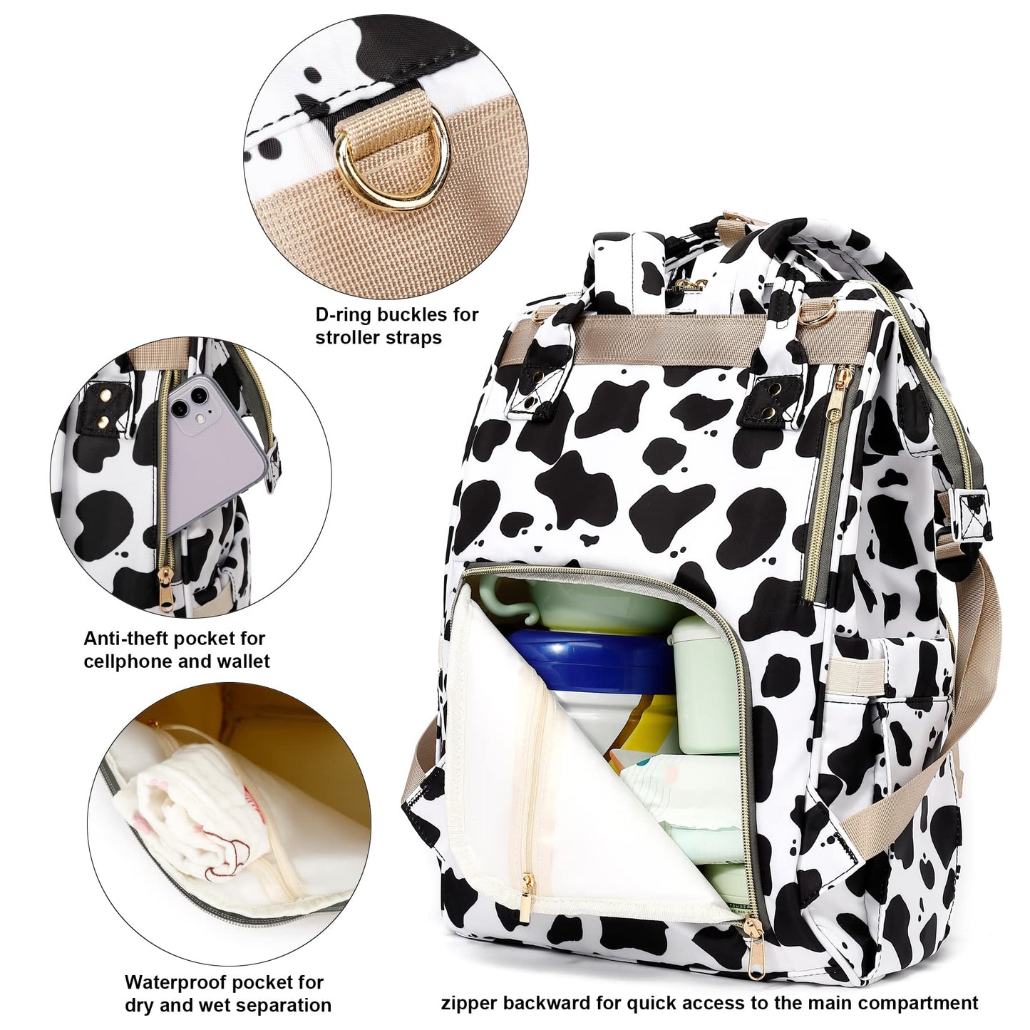 Xunteny Cow Print Baby Diaper Bag Backpack For Girls Boys, Waterproof Large Maternity Nappy Bags For Mom