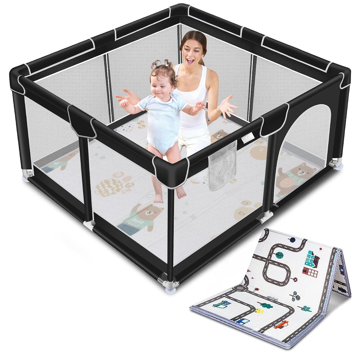 Suposeu Baby Playpen with Anti-Slip Mat for Indoor and Outdoor Playard Kids Activity Center with Gate, Portable Baby Fence Area 