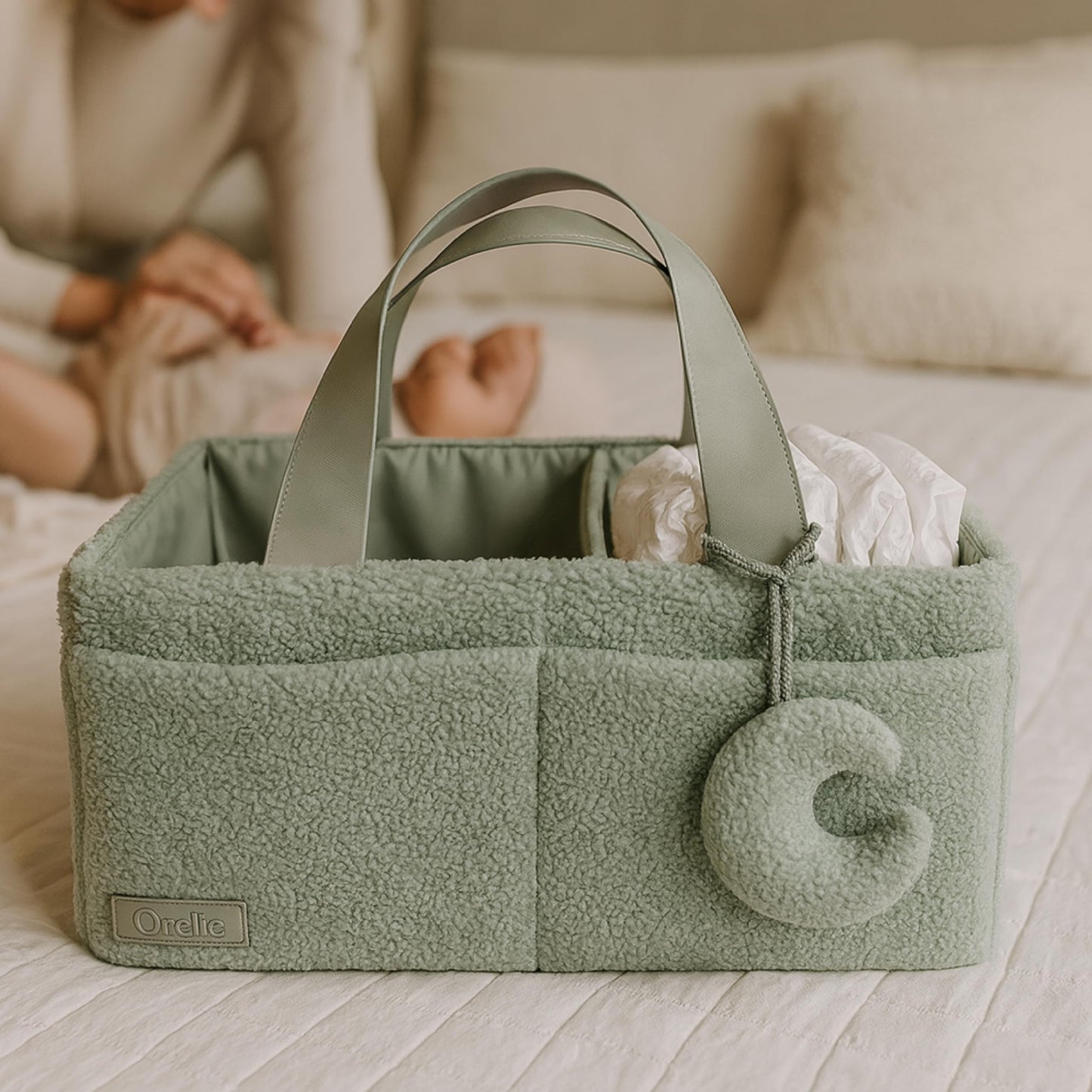 Orelle Boucl   Diaper Caddy Organizer with Matching Pouch & Moon Pendant | Teddy Portable Changing Table Organizer | Sage Green