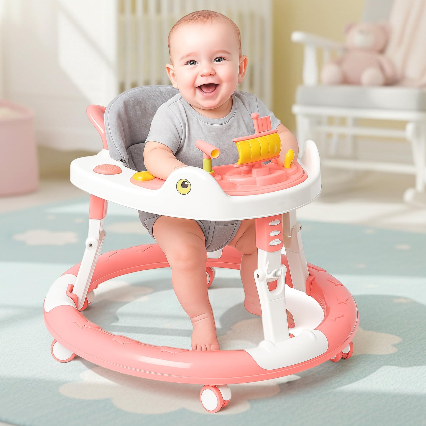 Vgrassp Soft Cushioned 360 Musical Baby Walker For Boys And Girls  Foldable, 7 Level Height Adjustment With Musical Tray Toy, S