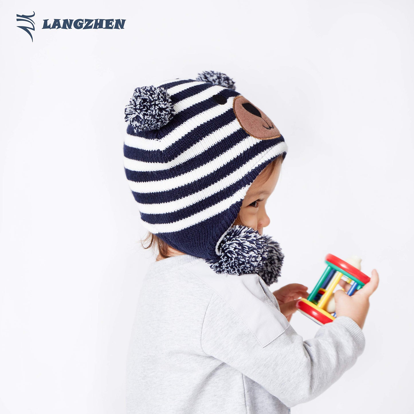 Langzhen Toddler Kids Infant Winter Hat,Earflap Knit Warm Cap Fleece Lined Beanie For Baby Boys (Bear -Navy Stripe, S(46-48Cm/18