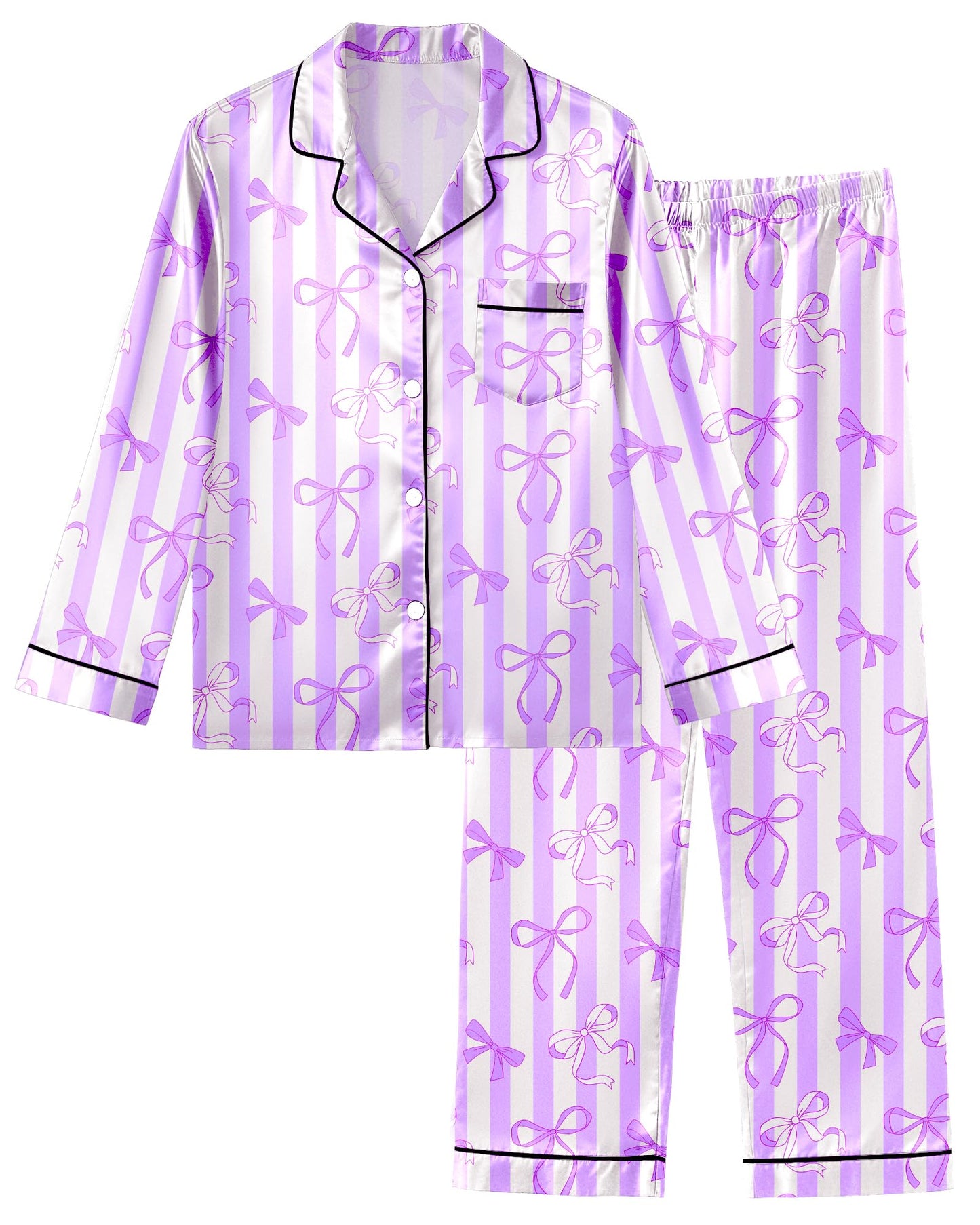 Girls Pajamas Silk PJS Set Satin Sleepwear Long Sleeve Jammies for Kids ButtonDown Nightwear Loungewear 316 Years, Purple Bow,