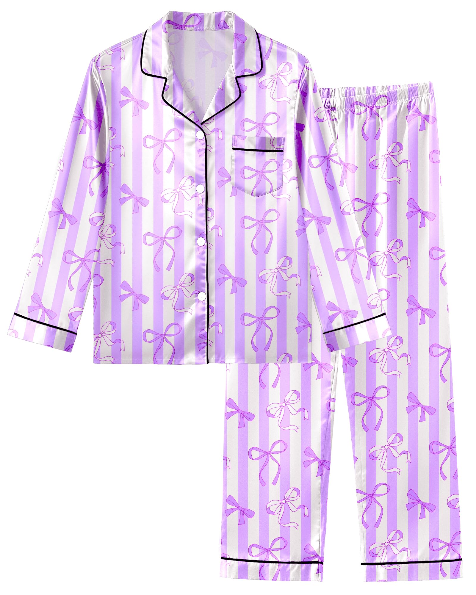 Girls Pajamas Silk PJS Set Satin Sleepwear Long Sleeve Jammies for Kids ButtonDown Nightwear Loungewear 316 Years, Purple Bow,