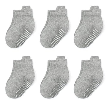 Qiyiendian 6 Pairs Non Slip Cozy Warm Ankle/Low Cut Socks With Grips For Baby Infant Toddler Kids Boys Girls(5-E Grey,6-12 Month
