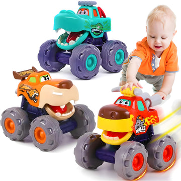 MOONTOY Toy Cars for Toddlers 1-3, 3 Pack Monster Truck Toys for 1 2 3 Year Old Boy Gifts, Baby Animal Play Vehicle Push Pull Ba