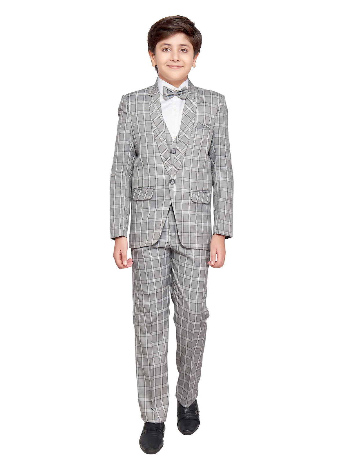 Jeetethnics Boys Grey Checked Coat Suit Set With Waistcoat Shirt And Trousers (9097Q)