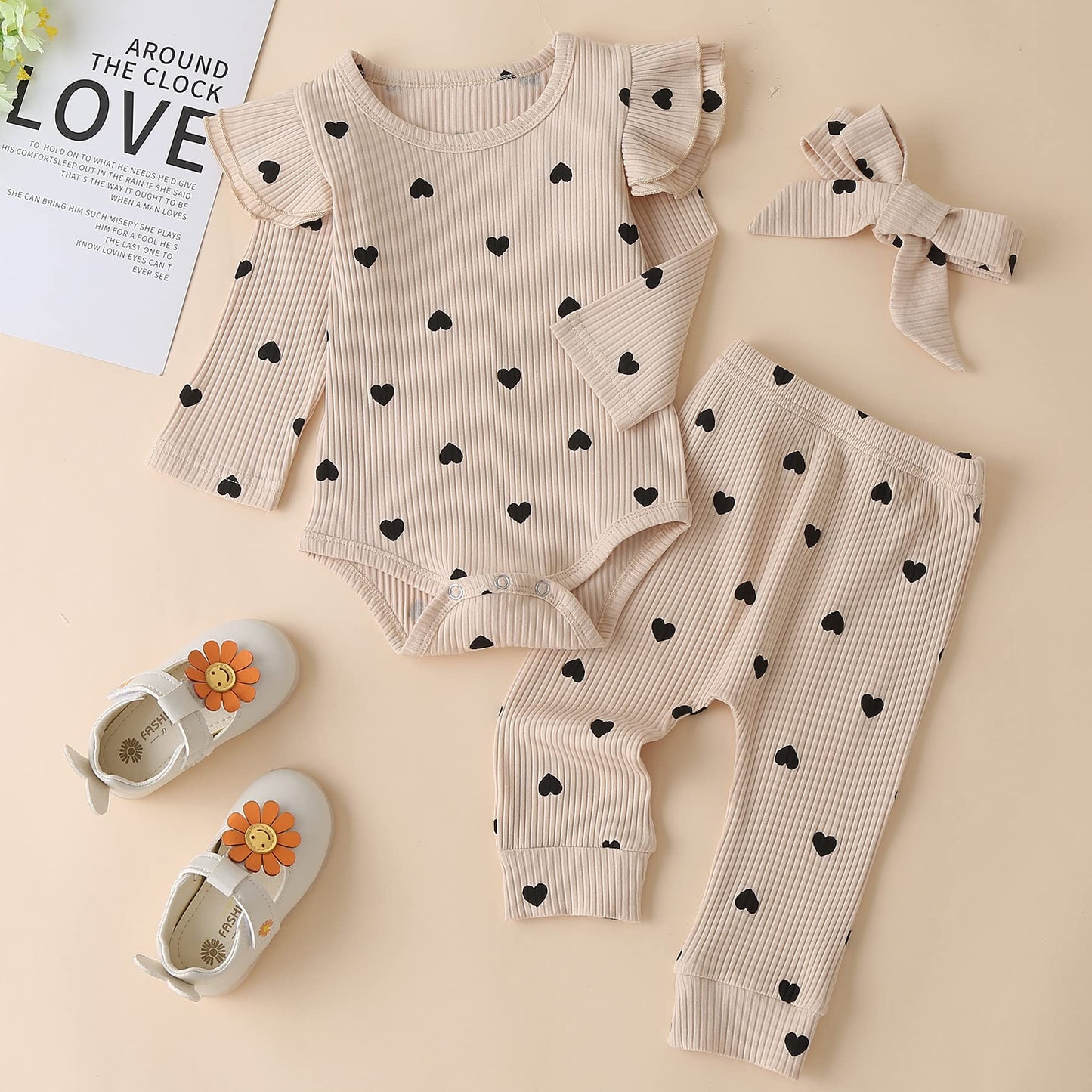 Fullfamous Infant Baby Girl Clothes Outfits,Fall Winter Romper Christmas Clothing Set 12-18 Months Ecru Heart