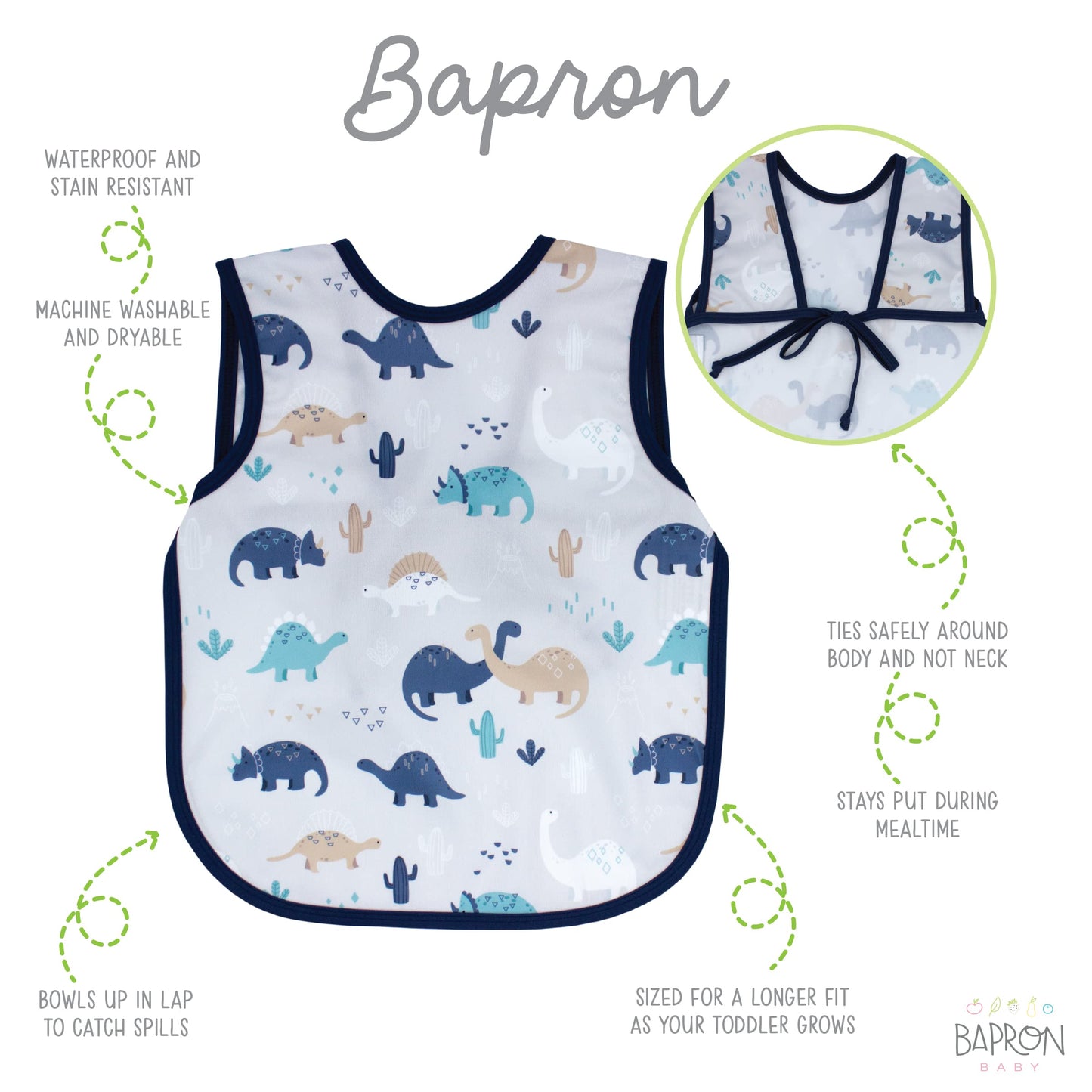 Bapronbaby Desert Dinos Bapron - No Neck Tie Safer Bib For Baby & Toddler - Soft Waterproof Stain Resistant - Machine Washable -
