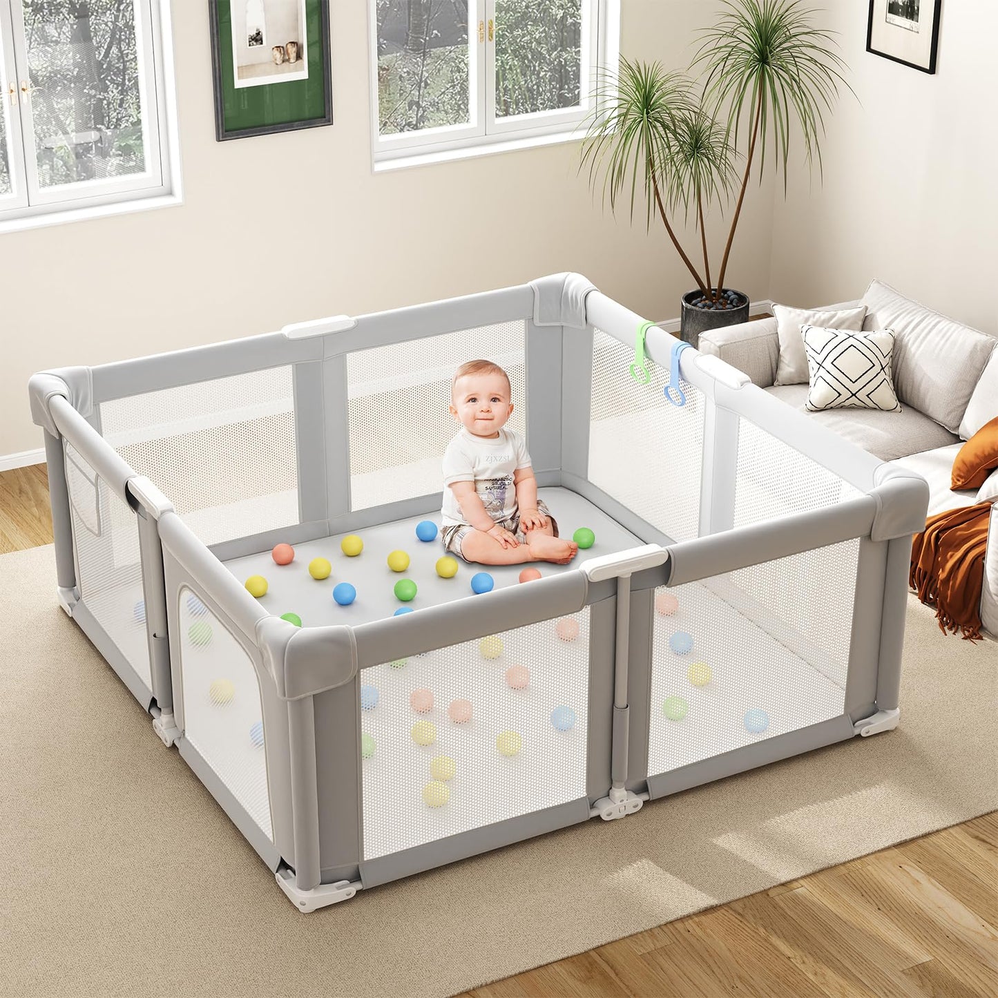 Seeday Foldable Baby Playpen, 51 Playpen for Babies and Toddlers with Mat Ocean Balls and Pull Links, Play Pen with Soft Breatha