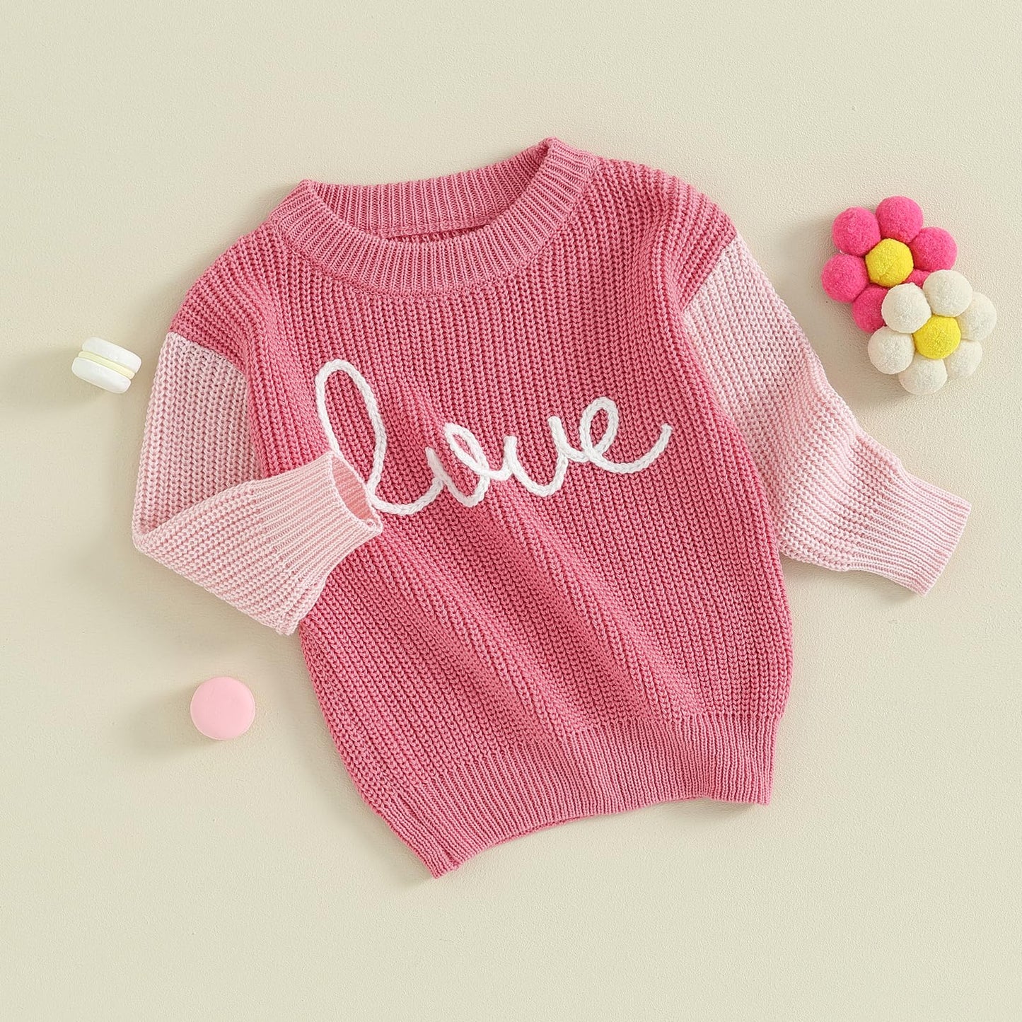 Baby Girl Cute Long Sleeve Crew Neck Love Embroidery Sweater Toddler Valentine Day Outfits (Pink Love, 6-12 Months)