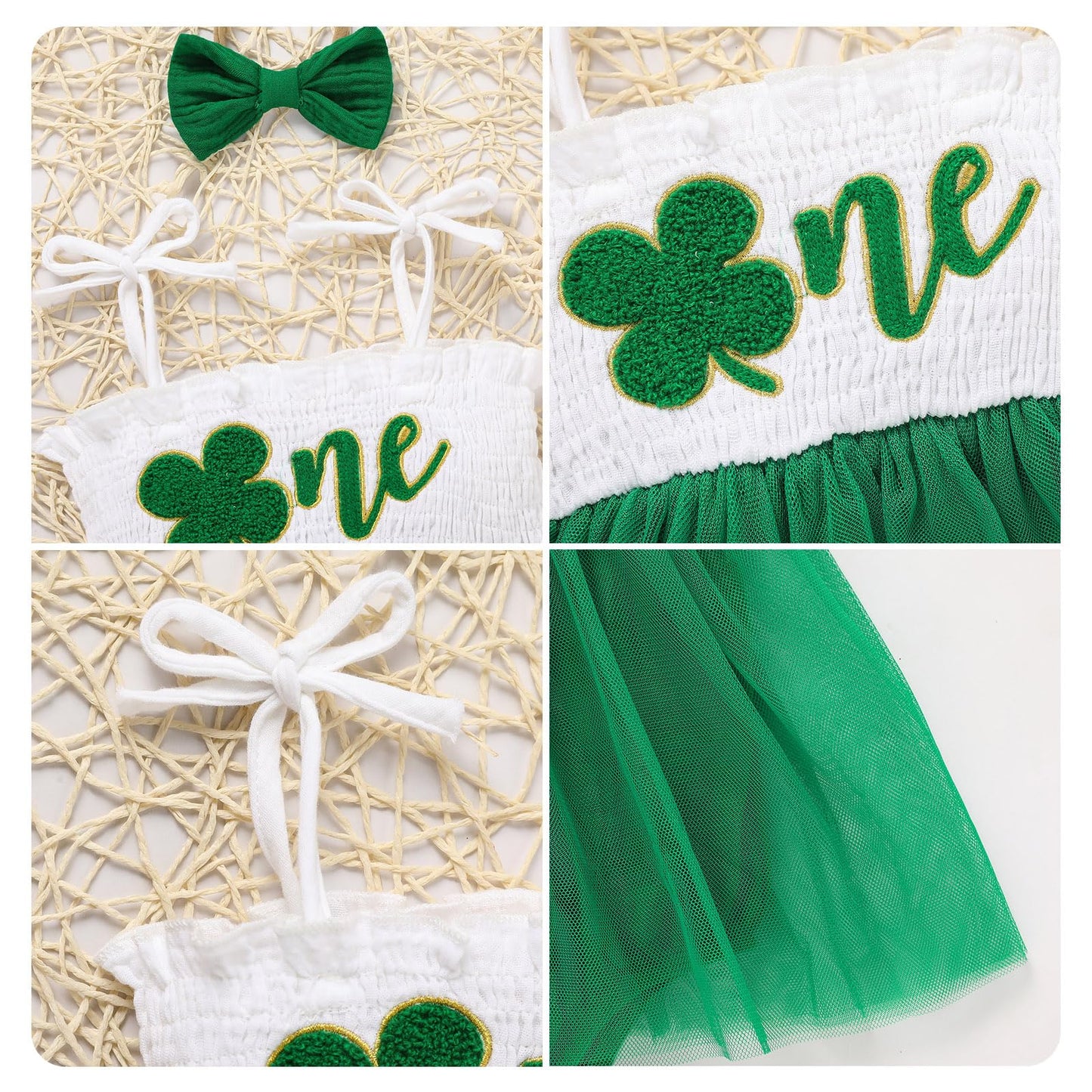 Titkkop Baby Girl 1St Birthday Clothes One Year Old Tulle Romper Sleeveless Bodysuit Cake Smash Outfits(Green-White,9-12M)