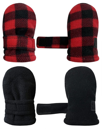 N'Ice Caps Little Kids And Baby Easy-On Sherpa Lined Fleece Mittens - 2 Pair Pack (Black/Red Buffalo Plaid - Infant, 6-18 Months